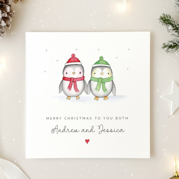 Personalised Couple Christmas card - Penguins